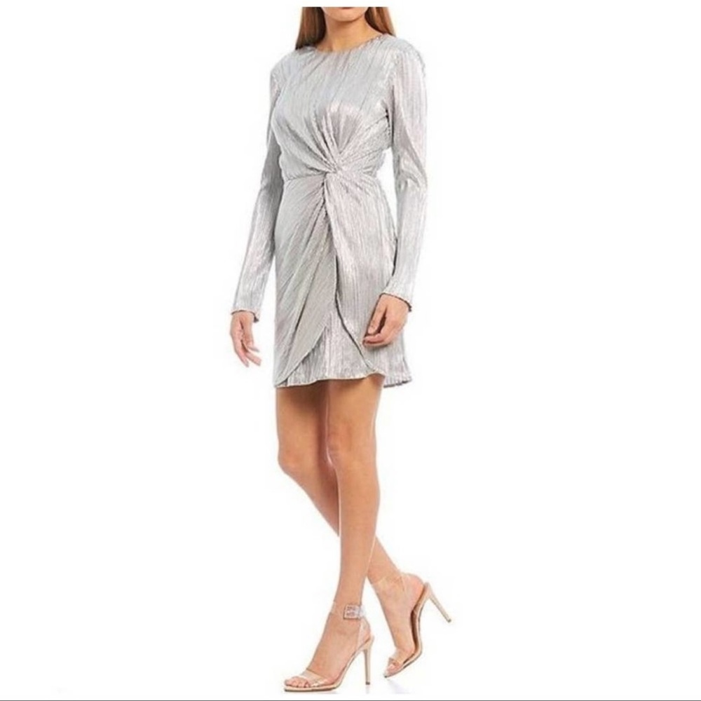 Gianni Bini Ashley Pleated Metallic Foiled Twist Waist Silver Dress 10 NWT